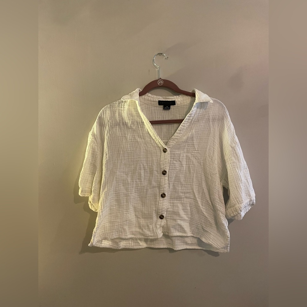 Sanctuary White Linen Like Button Cropped Blouse - Picture 1 of 4